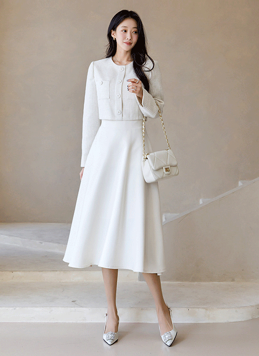 레이엔 트위드 배색 A라인 플레어 롱 원피스