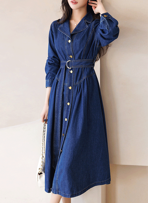 [기획특가] 캐롤린 절개 스티치 포인트 벨트SET A라인 진청 데님 롱 원피스