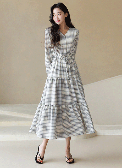 [Theonme] [기획특가] 헤이렐 쿨링 체크 허리 스트링 A라인 플레어 캉캉 롱 원피스