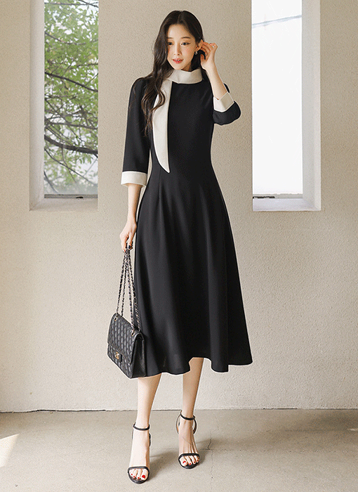 (55-77) 벨트SET A라인 플레어 리본 타이 배색 7부 소매 롱 원피스