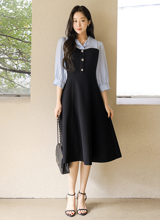 [루이스엔젤] A라인 플레어 하트라인 배색 카라 퍼프 7부소매 롱 원피스