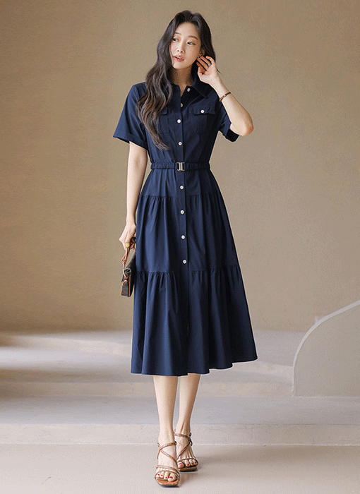 밴딩벨트SET 티어드 A라인 플레어 롱 카라 원피스