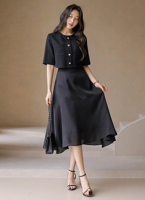 [루이스엔젤] 진주 버튼 배색 디자인 A라인 플레어 롱 블랙 원피스