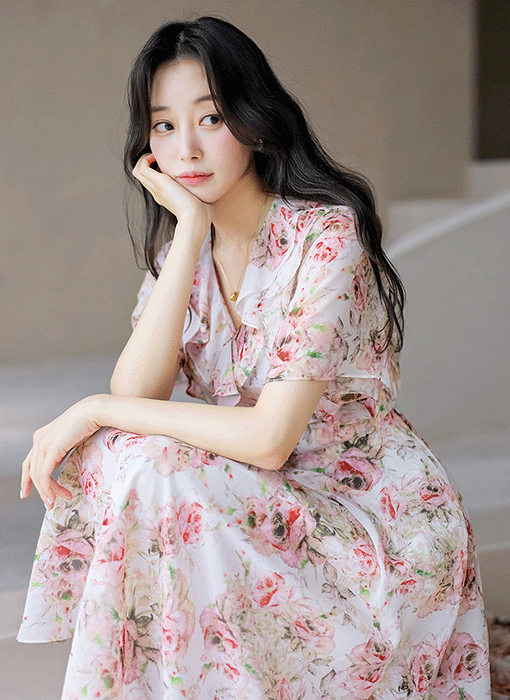 [루이스엔젤] 로지즈 핑크 플라워 러플 쉬폰 A라인 플레어 원피스