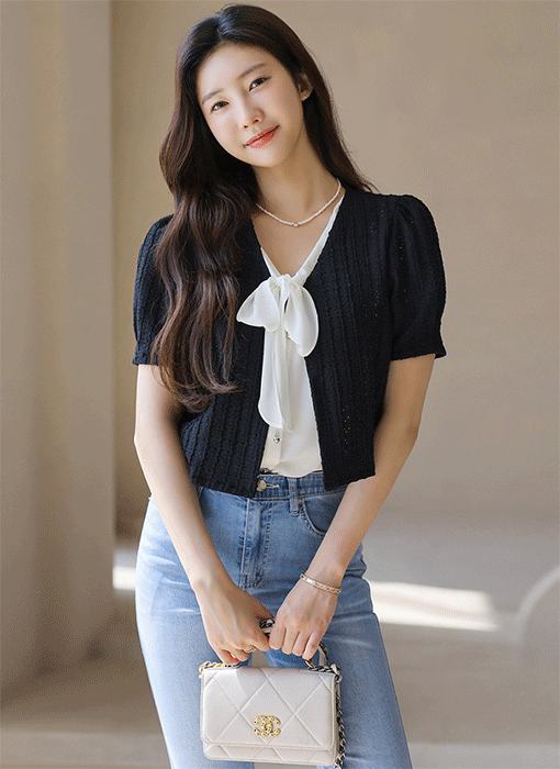 젠디아 펀칭 스판 퍼프숄더 볼레로 반팔 가디건