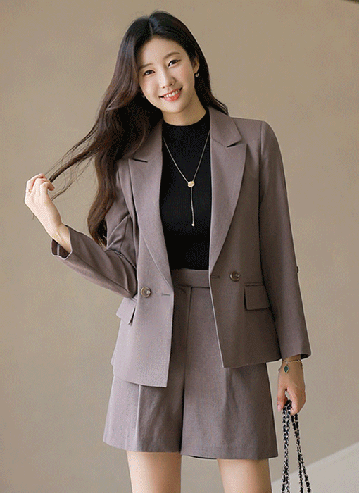 바로다 롤업 소매 테일러드 세미 크롭 더블 자켓
