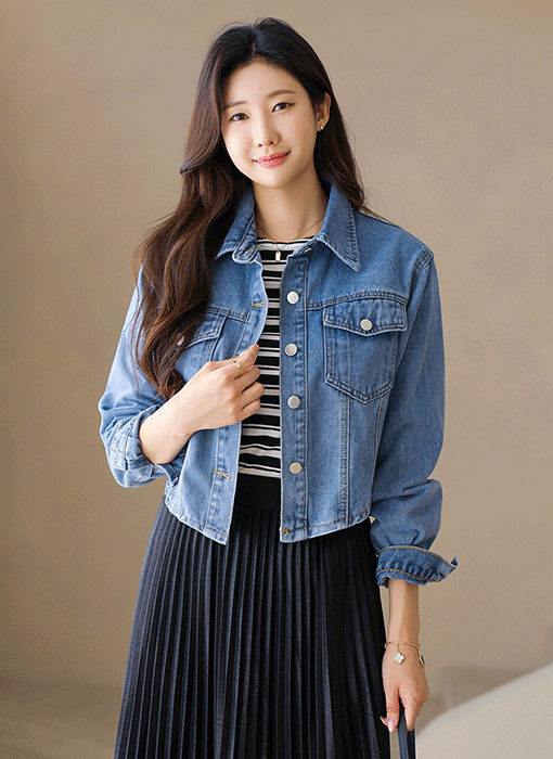 캘리 라운딩 밑단 세미 크롭 데님 카라 청 자켓