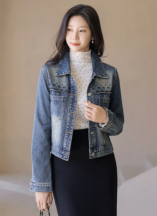 엘로어 리본 자수 블링 핫픽스 디테일 워싱 데님 자켓