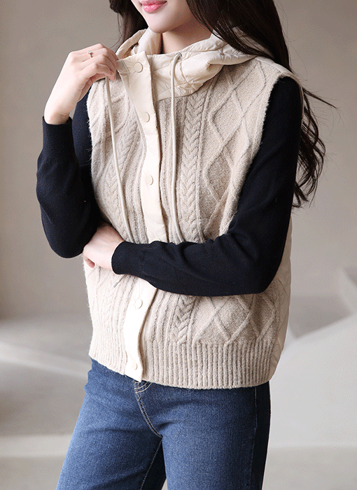 네아블 꽈배기 니트 레이어드 후드 패딩 조끼 베스트