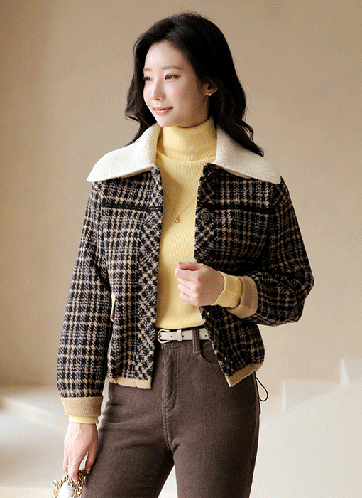 슬레인 웜 배색 체크패턴 탈부착 카라 포근 퍼 니트 자켓