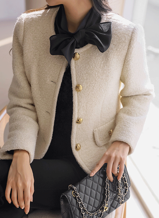 [루이스엔젤] 헤인느 골드 펄 울 블렌딩 포근 부클 노카라 자켓