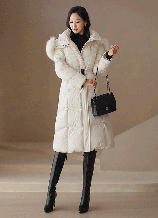 엘페닝 벨트SET 리얼폭스 퍼 트리밍 오리털 롱 패딩 코트 점퍼