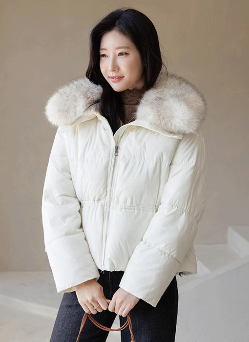 블라엔 카라 퍼 트리밍 허리 스트링 폭신 웰론 패딩 미드 점퍼