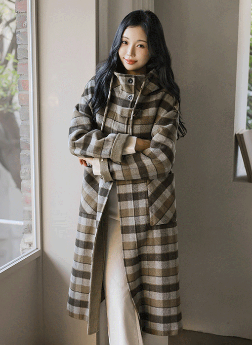 [Theonme] 뉴에드 울 블렌딩 하이넥 후드 떡볶이 체크 코트