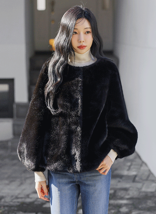 글리엔 러블리 볼륨소매 노카라 퍼 자켓