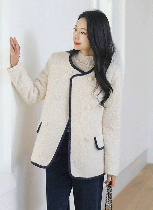 아멜르 포근 헤어리 배색라인 더블버튼 자켓