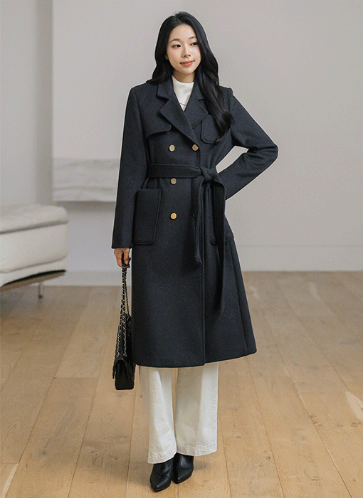 에프트 울 헤링본 골드 더블버튼 벨트set 코트