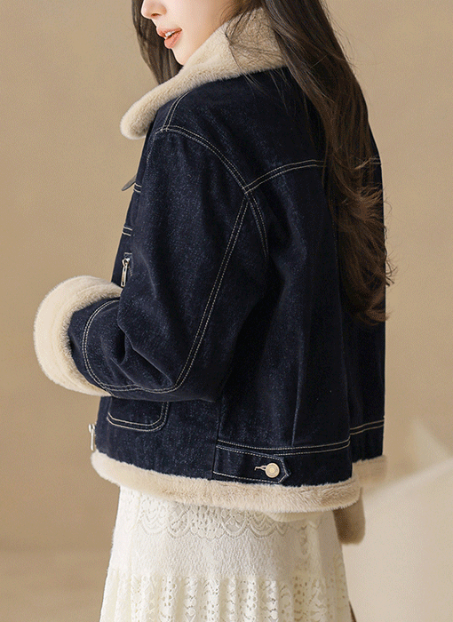 앤데아 벨티드 하이넥 보송보송 퍼 안감 스티치 벨벳 데님 자켓