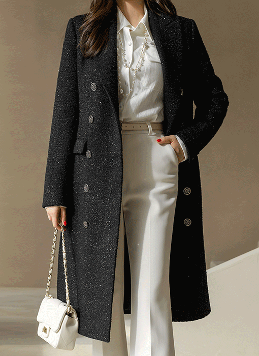 케일리 벨트SET 샤인 글로시 울 블렌딩 트위드 롱 더블 코트