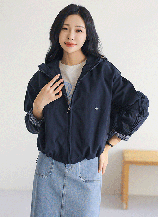 [Theonme] 헨디즈 체크 레이어드 소매 핀턱 후드 집업 점퍼