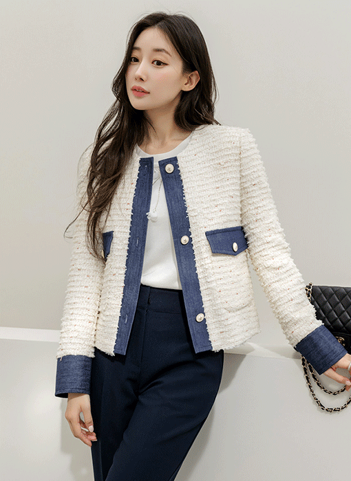 세리브 데님 배색 울 블렌딩 펄 믹스 프린지 트위드 노카라 자켓