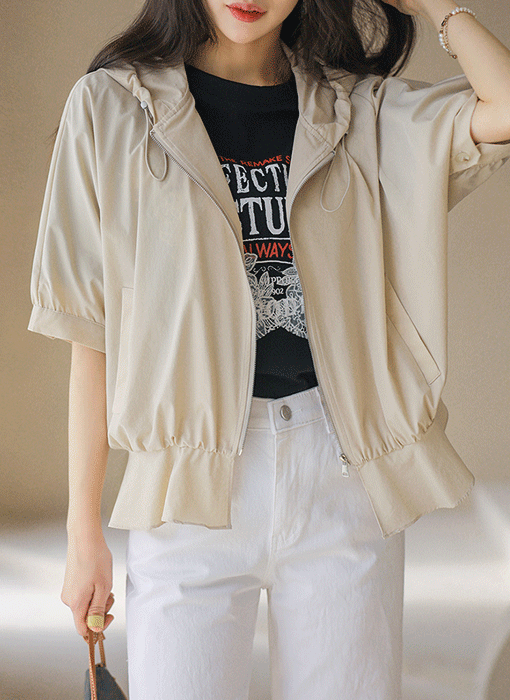 밑단 셔링 페플럼 라인 집업 후드 반팔 바람막이 점퍼