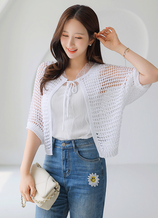 레이네 바람 솔솔 펀칭 그물 짜임 니트 리본 볼레로 가디건
