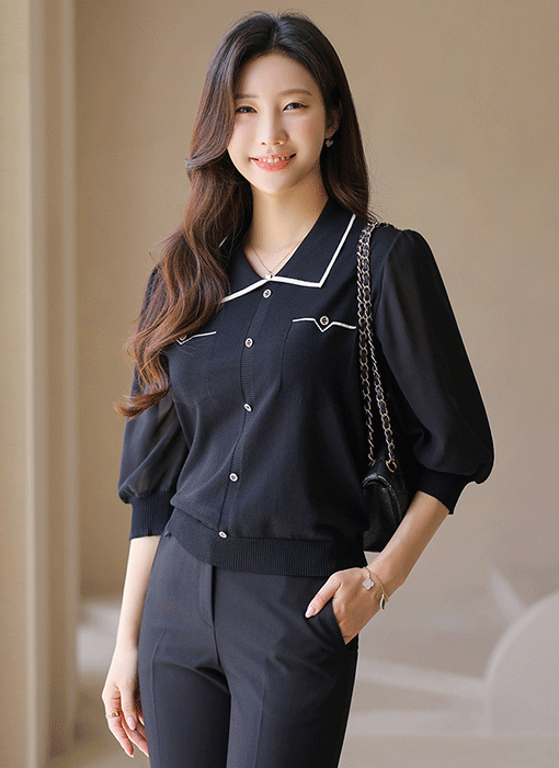 벨리아 쉬폰 소매 라인 배색 카라 니트 블라우스