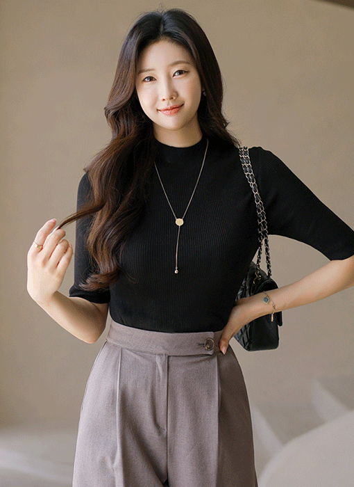 이엘드 심플 베이직 반하이넥 5부소매 슬림 골지 니트