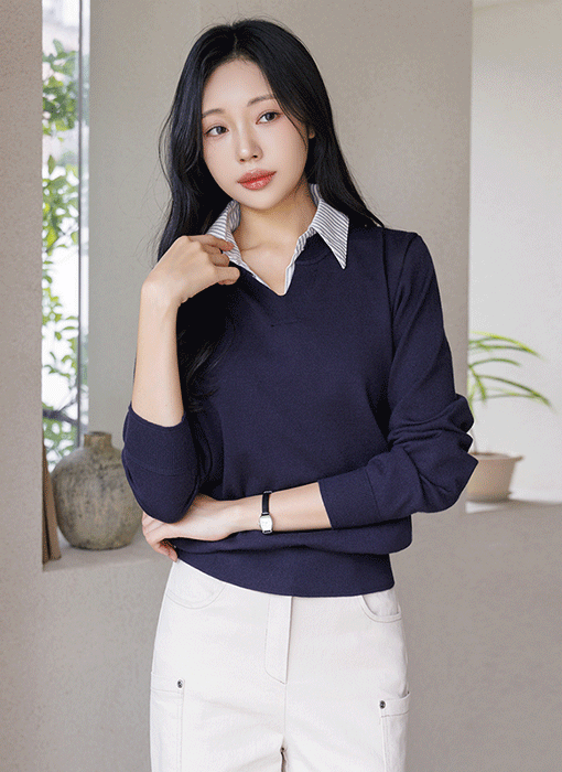 [Theonme] 그레인 스트라이프 카라 레이어드 비스코스 니트