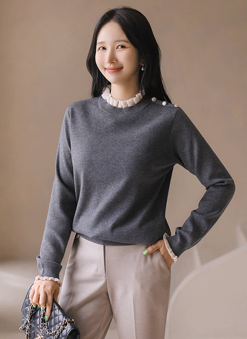 네이쥬 프릴 배색 숄더 버튼 밑단 시보리 포근 니트