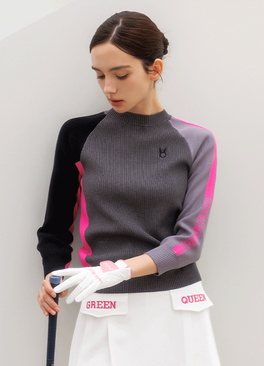 [QoG] 골프 7부 골지배색 라운드 니트