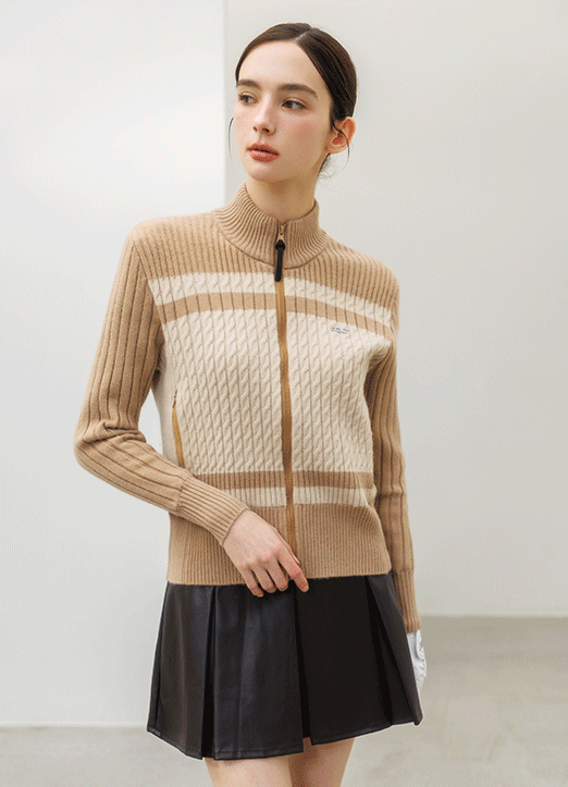 [QoG] 골프 울 하이넥 투톤 꽈배기 집업 니트 가디건_3color