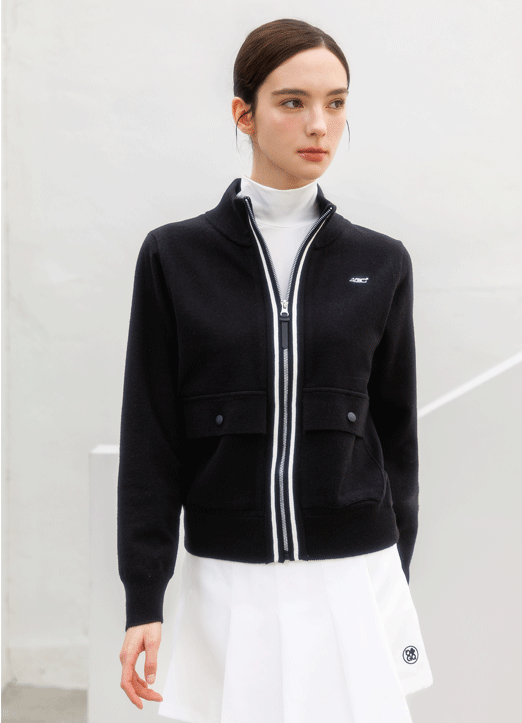 [QoG] 골프 배색 라인 반하이넥 울 집업 니트 가디건_3color