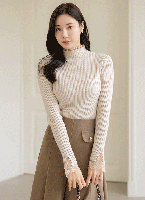 (1+1) [기획특가] 레이스 레이어드 소매 폴라넥 골지 니트