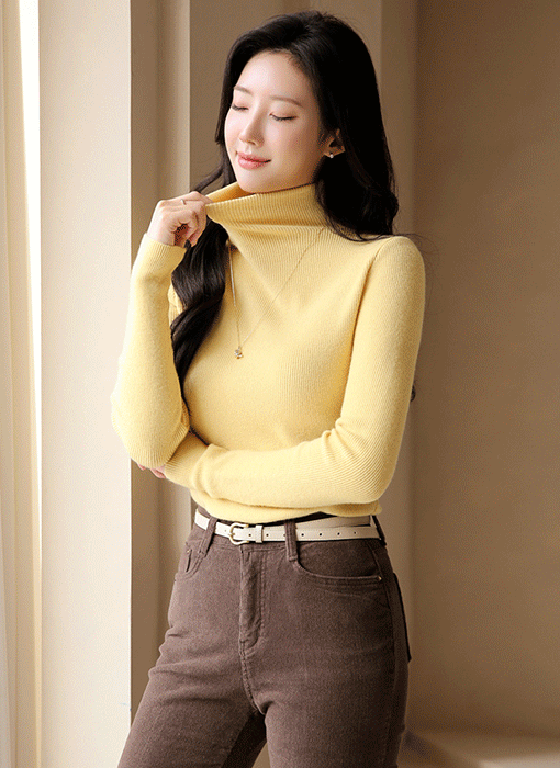 뉴레이 비스코스 도톰 슬림 골지 폴라넥 니트