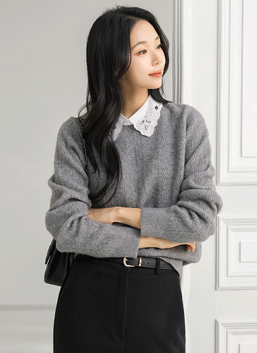 루리엘 큐빅 레이스 카라 메탈 펄 블렌딩 니트