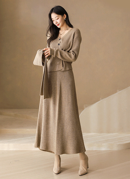 셀로나 울 블렌딩 브이 니트 가디건 머플러 스커트 쓰리피스 세트