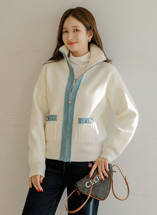 미미야 프린지 데님라인 배색 하이넥 카라 집업 니트 가디건