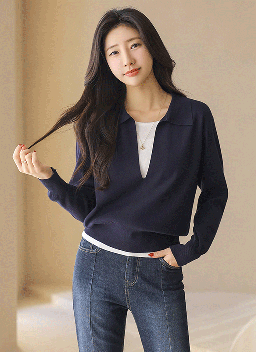 딥브이 카라 배색 레이어드 라운드 니트