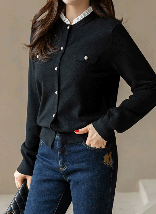 레이텐 미니 프릴 배색 진주 버튼 니트 가디건