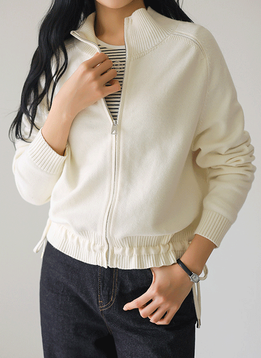 [Theonme] 브루즈 셔링 스트링 나그랑 하이넥 집업 니트 가디건