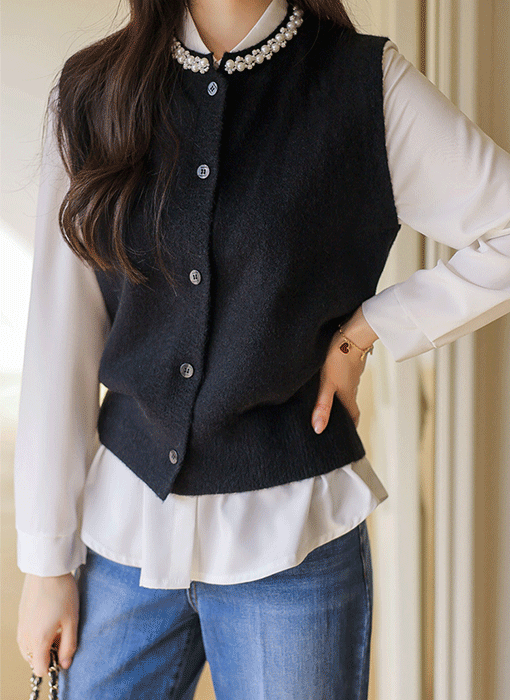 세이미 진주 비즈 넥 울 블렌딩 버튼 니트 조끼 베스트