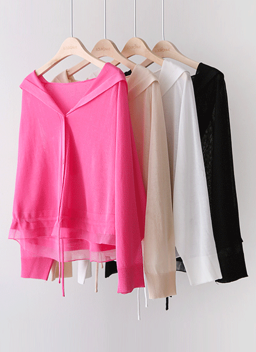 [Theonme] 루루아 밑단 스트링 셔링라인 시스루 니트 후드 가디건