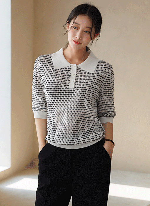 [Theonme] 스니티 물결 스트라이프 쟈가드 스카시 5부소매 카라 니트