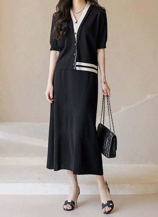 배색 니트 가디건 롱 스커트 투피스 세트