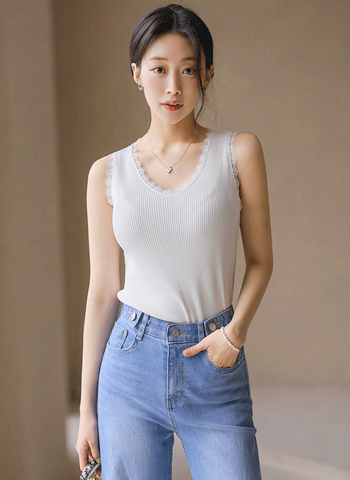 레이스 배색 소프트 터치 브이넥 골지 니트 나시