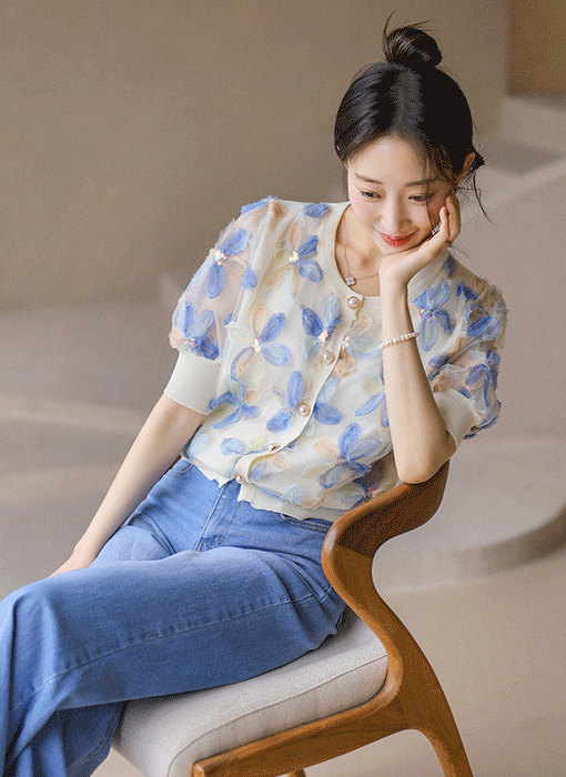 꽃잎 쟈가드 스팽글 샤레이스 레이어드 니트 가디건