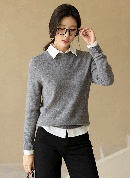 포근포근 울100 심플 베이직 데일리 라운드 니트