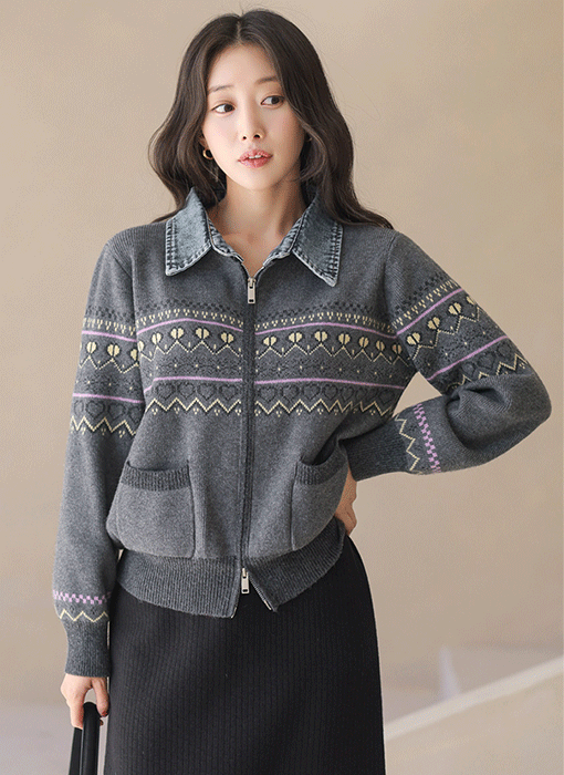 [Theonme] 데님 카라 배색 투웨이 니트 집업 가디건